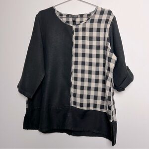 Toofan 100% Linen Black and Natural Checkered Block Print Lagenlook Artsy Top